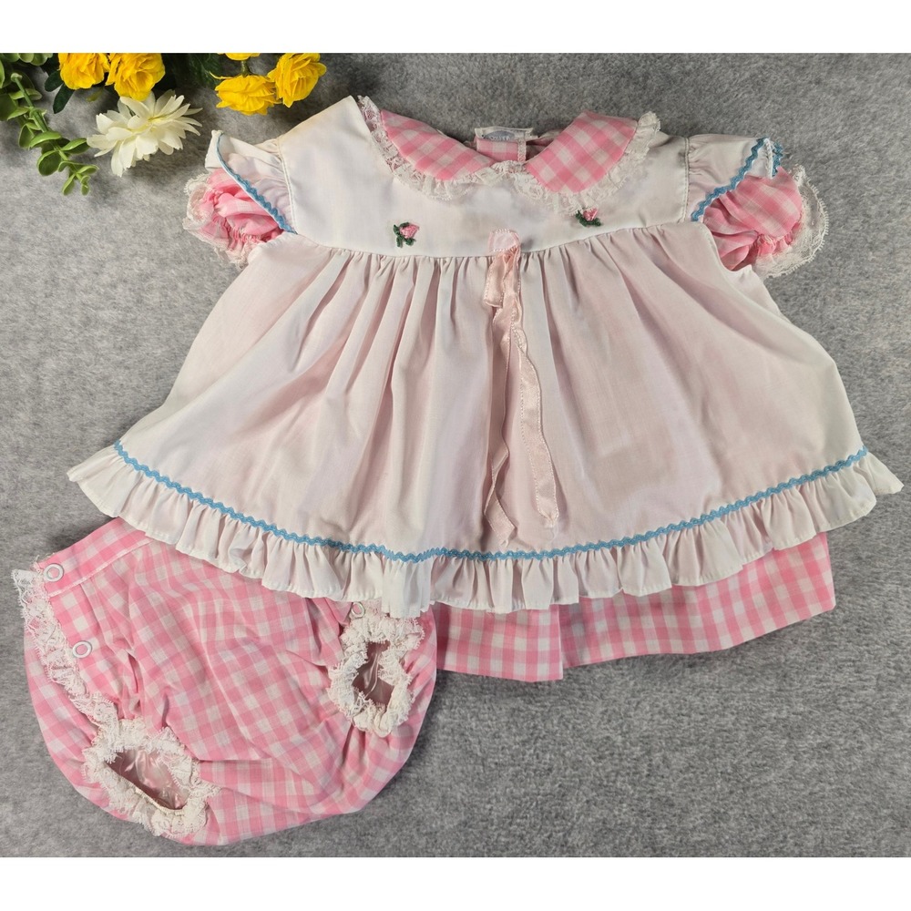 Vintage 80s Bryan Pink Gingham Baby Dress 3 Set Peter Pan Collar Lace Trim 6-12m